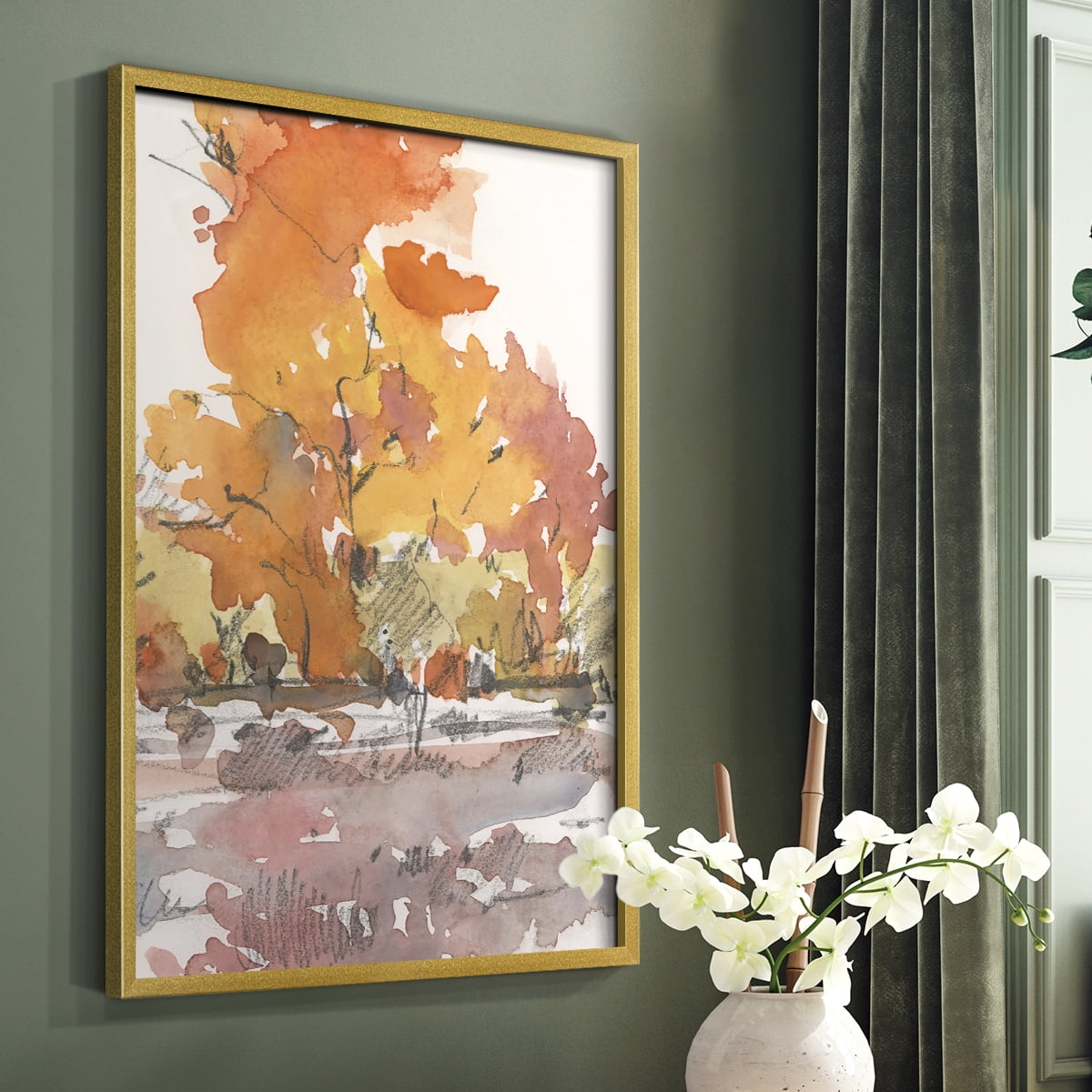 Watercolor Treeline Sketch II Framed Print in Gold Solid Wood 22 x 28 Framed Print