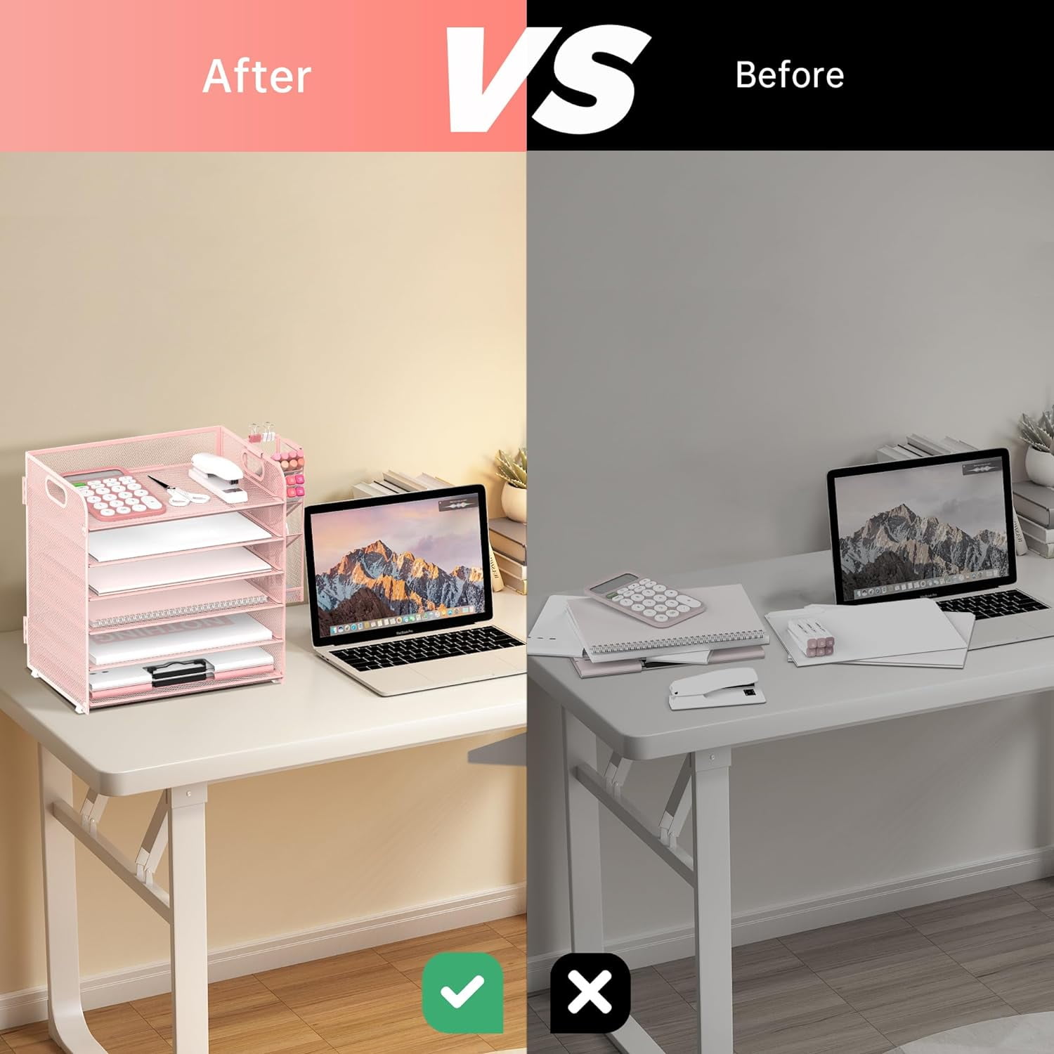 INTIGE 6 Tier Metal File Organizer with 4 Pen Holders and Handle, Desk Paper Organizer, Pink, Need Mount