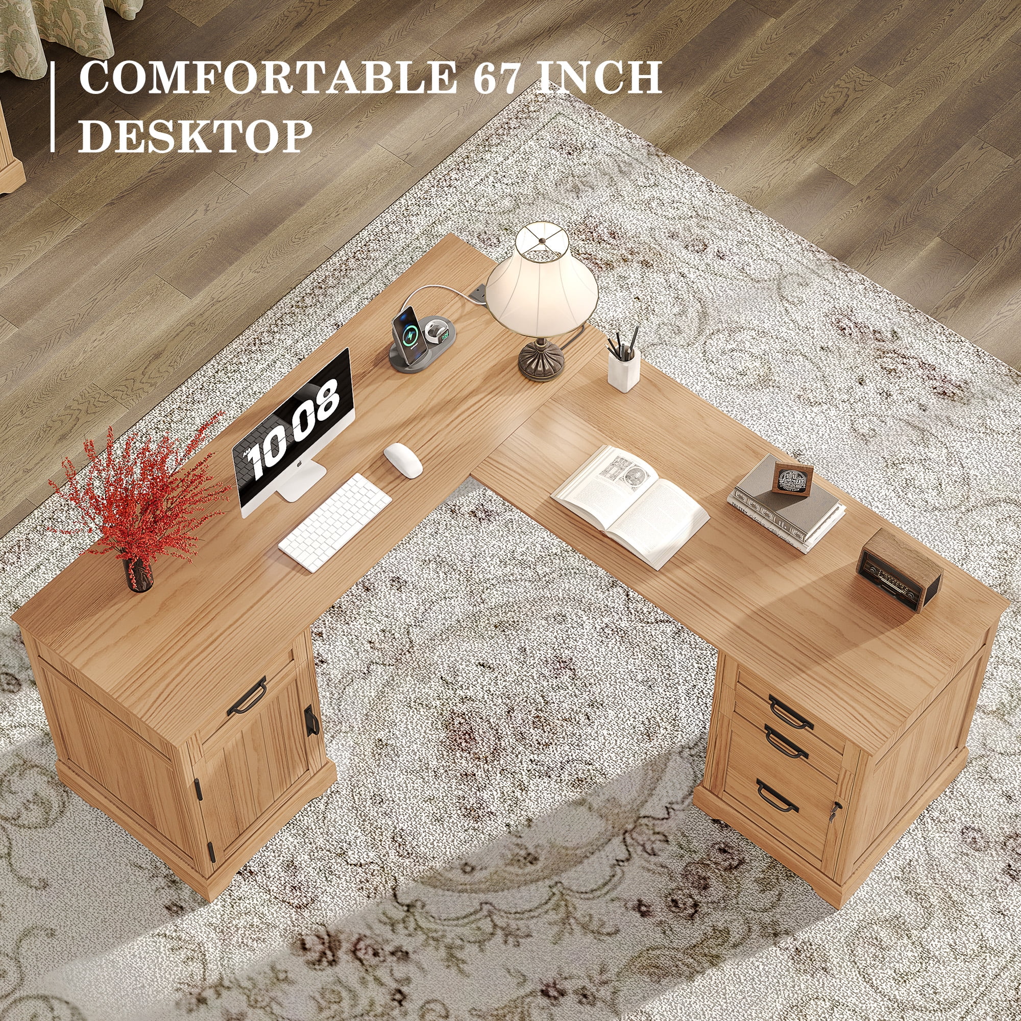 67'' Farmhouse L Shape Desk with File Drawers and Charging Station for Home Office, Walnut