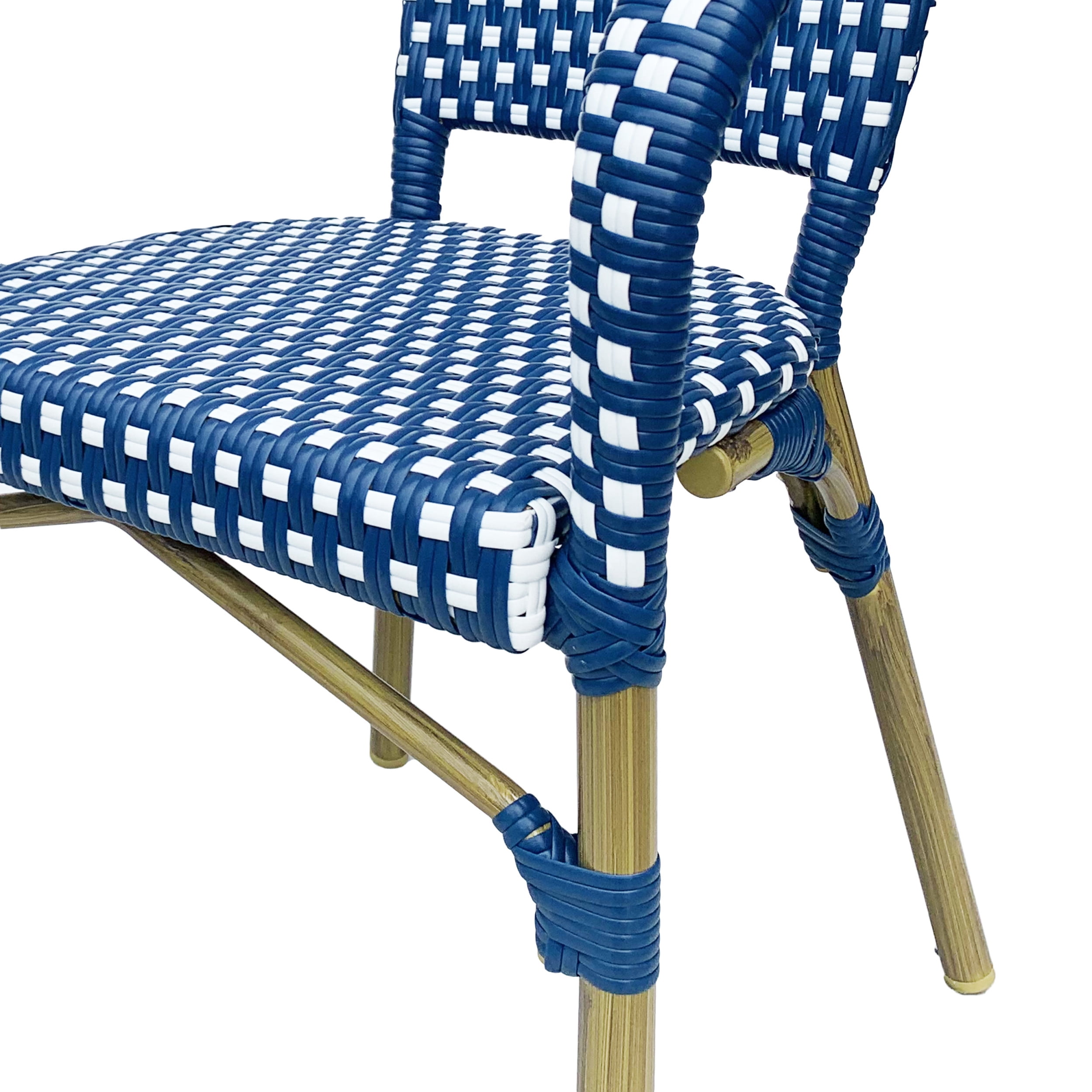Baton Aluminum and Wicker Outdoor French Bistro Chairs, Set of 4, Navy Blue, White, and Wood Print