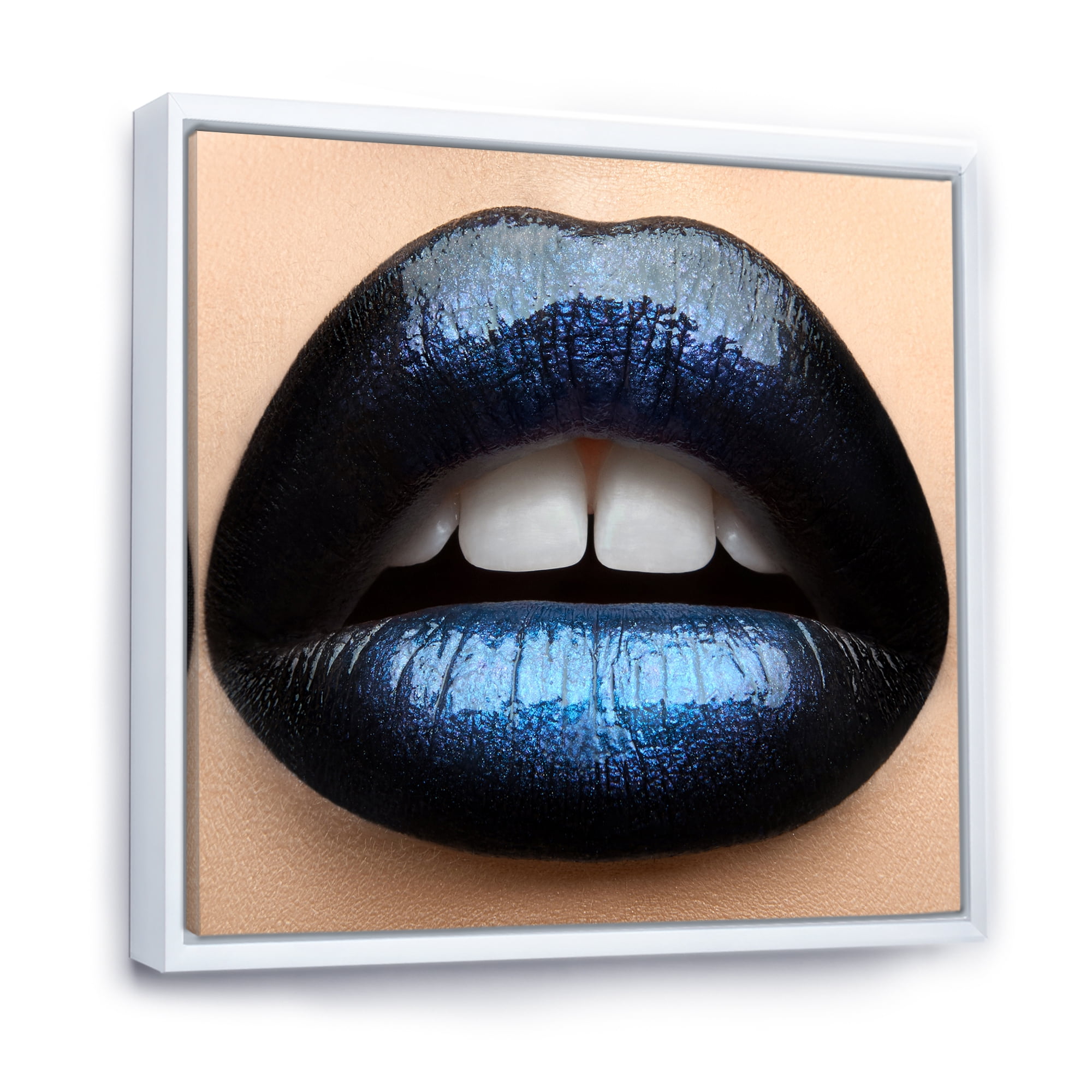 Designart 'Girl Lips With Black and Blue Lipstick' Modern Framed Canvas Wall Art Print
