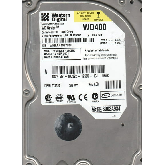 WD400BB-75CLB0, DCM RRBAET2AH, Western Digital 40GB IDE 3.5 Hard Drive