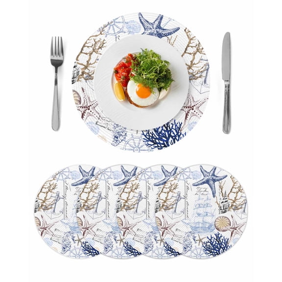 Blue Brown Coastal Round 13 Inch Placemats Set of 4, Summer Beach Nautical Coral Starfish HeatResistant Non Slip Place Mats for Dining Table, Wipeable Braided Kitchen Table Mats for Housewarming