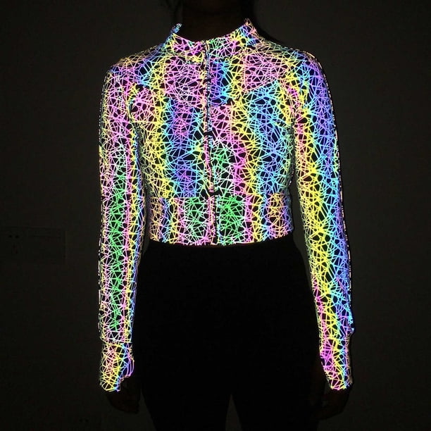Chaqueta reflectante Penkiiy para mujeres, Rave Festival Wear Brillante en la noche Outfit de ropa holográfica Crop Top L Multicolor