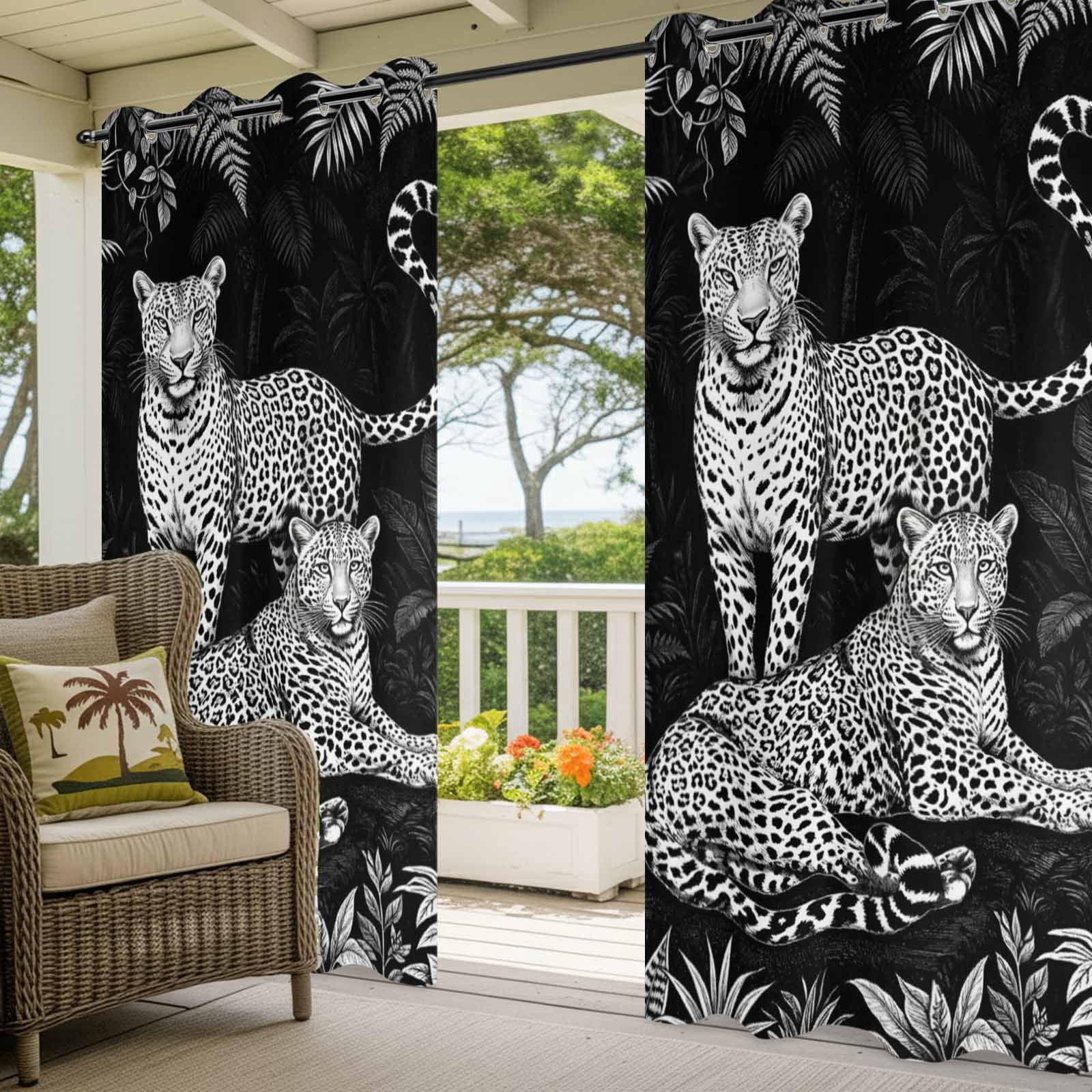 Black And White Leopard Outdoor Curtains for Patio, Tropical Plants Palm Leaf Jungle Animal Sunshade Privacy Drapes Grommet Waterproof Outside Curtains for Porch/Cabana/Balcony 54"x 108", 1 Panel