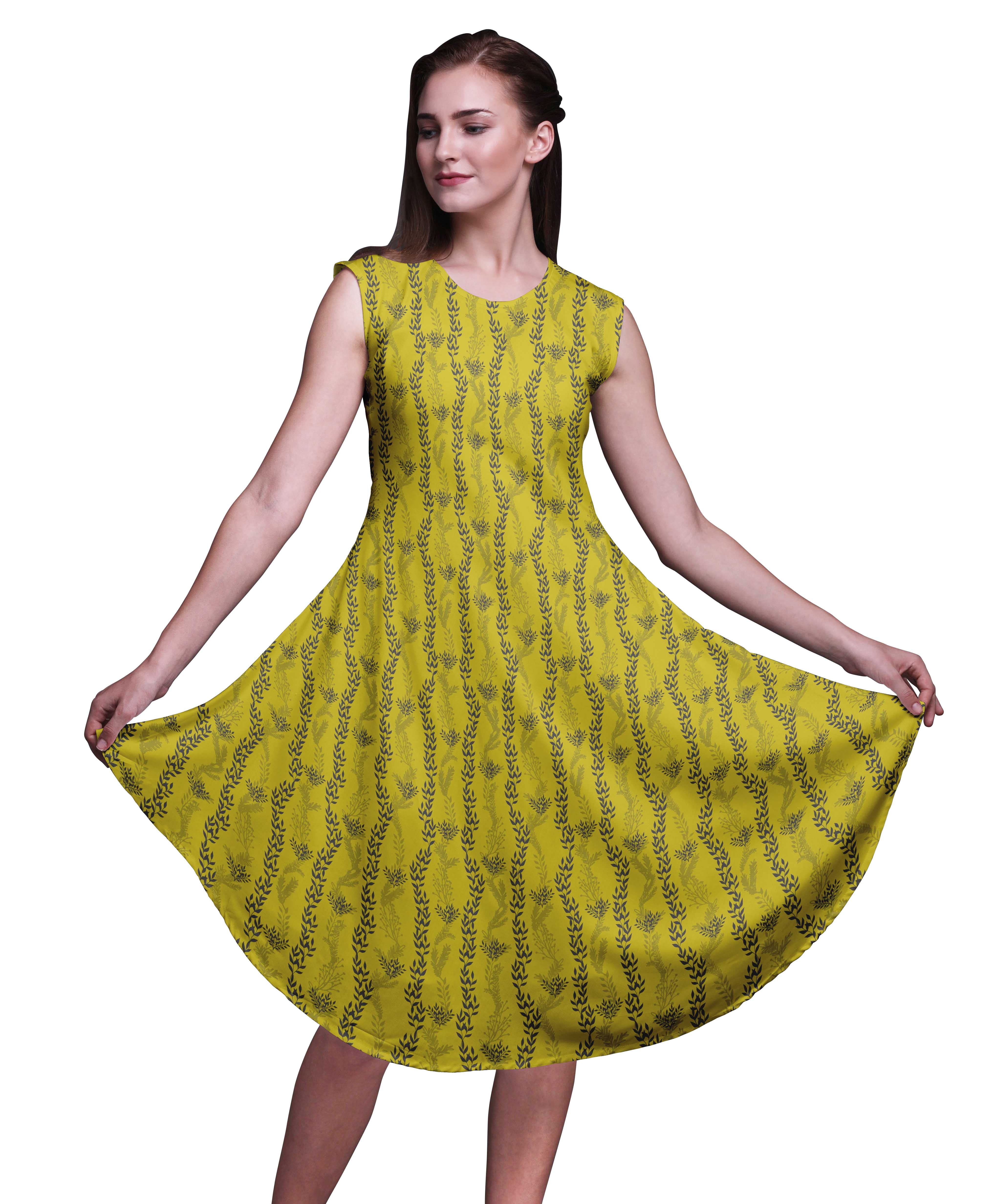 Bimba Yellow Stencil Leaves Women Casual Sleeveless Floral Print Summer ...