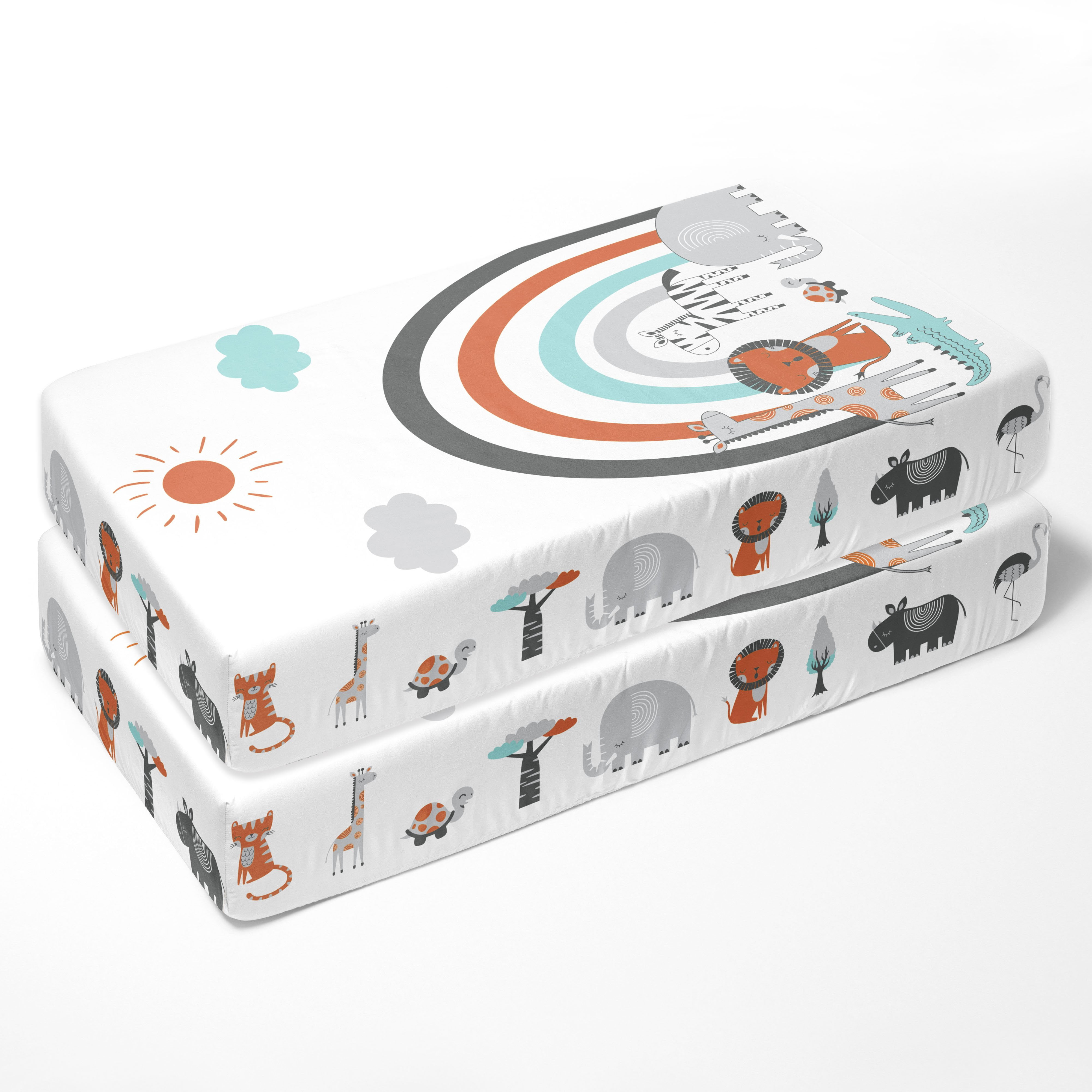 Crib or Toddler Bed Fitted Sheet 100% Cotton Percale, Safari Jungle Aqua/Orange/Grey