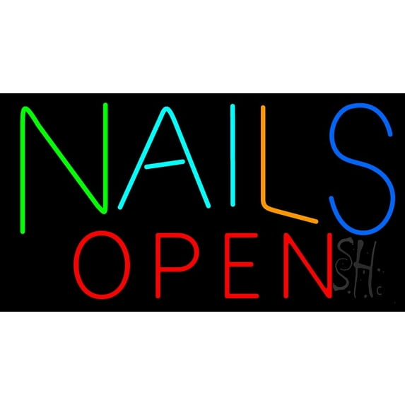 Multi Colored Nails Red Open LED Neon Sign 13 x 24 - inches, Black Square Cut Acrylic Backing, with Dimmer - Bright and Premium built indoor LED Neon Sign for Defence Force.