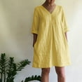 thumbnail image 6 of QUYUON Womens Cotton Linen Dresses Summer 3/4 Sleeve V-Neck Casual Blouse Tops Shirt Dresses Solid Color Linen Dress for Women Loose Fit T-Shirt Beach Sundress Style D-3840 Yellow M, 6 of 9