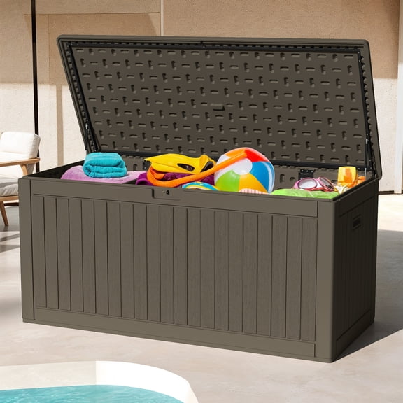 Uforic Outdoor 260 Gallon Large Resin Deck Box, Double-Wall Waterproof Lockable Storage Box with Flexible Divider & Side Handles, Light Brown