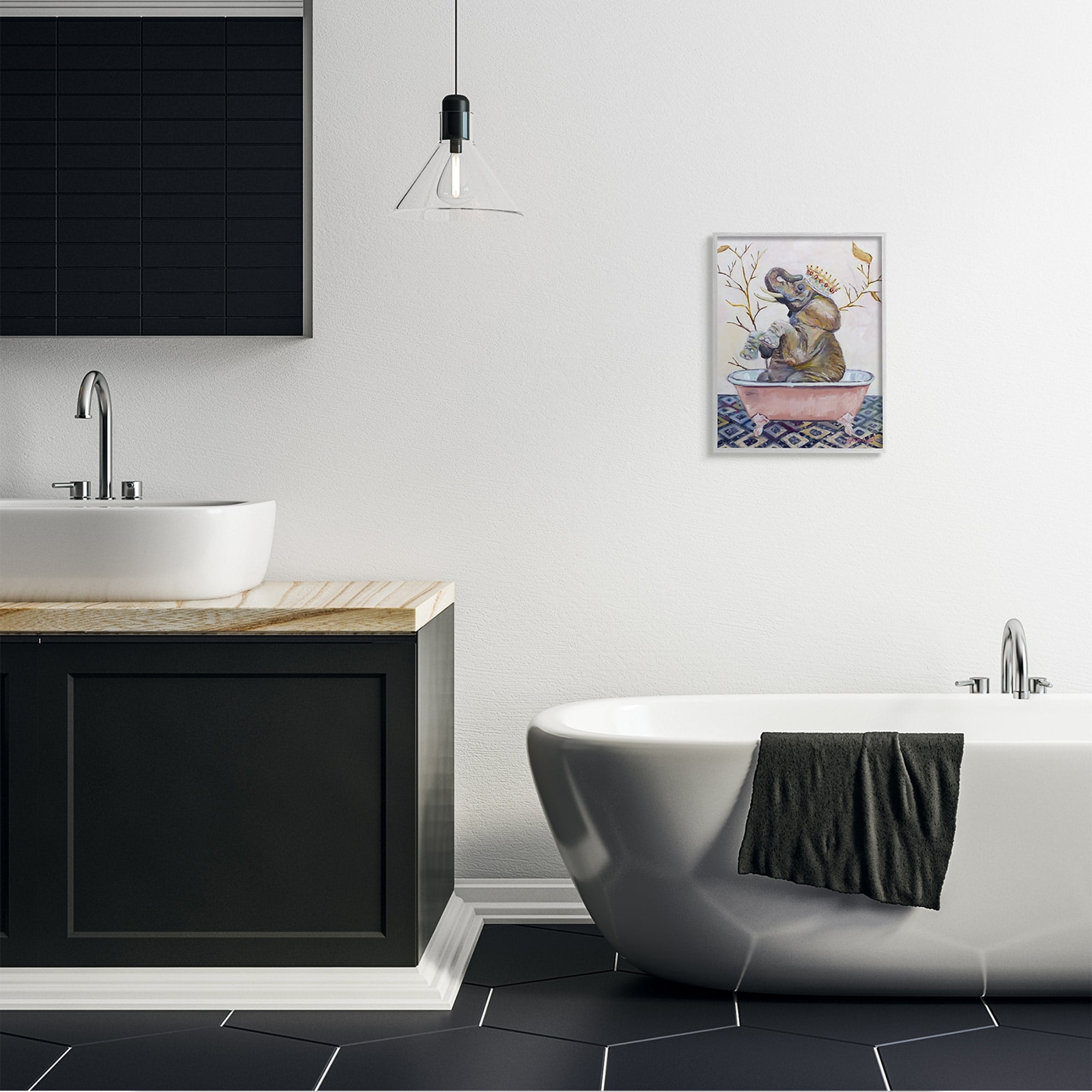 Stupell Industries Regal Safari Elephant with Pink Bath Tub Gray Framed by Karen Weber Fine Art