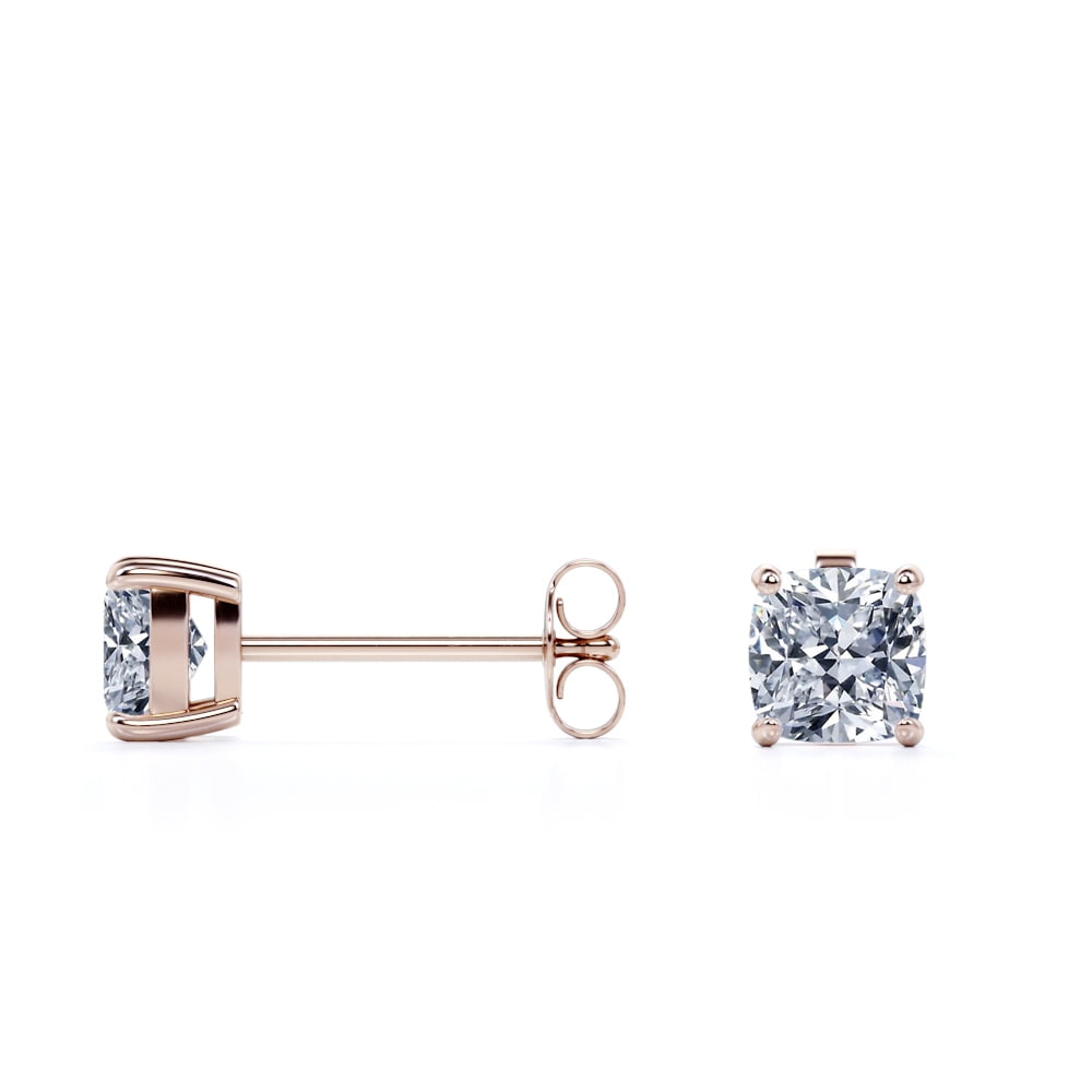 JeenMata 2.5 Carat Cushion Cut Moissanite 4 Prong Solitaire Stud Earrings In 18K Rose Gold Plating Over Silver
