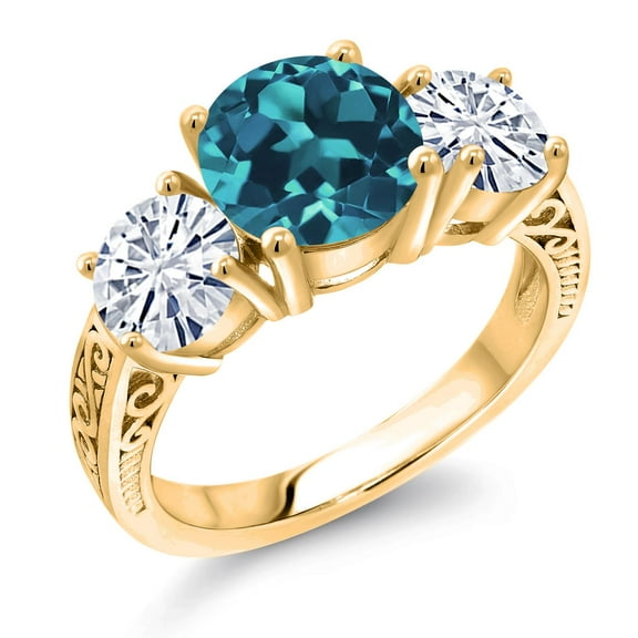 Gem Stone King 18K Yellow Gold Plated Silver London Blue Topaz and White Moissanite Engagement Ring for Women | 4.10 Cttw | Round 8MM | Gemstone November Birthstone | Size 5