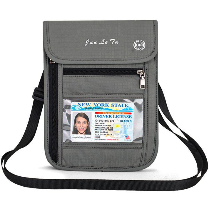 Travel Neck Pouch Neck Wallet with RFID Blocking Passport Holder Travel Pouch Neck Wallet (Gray