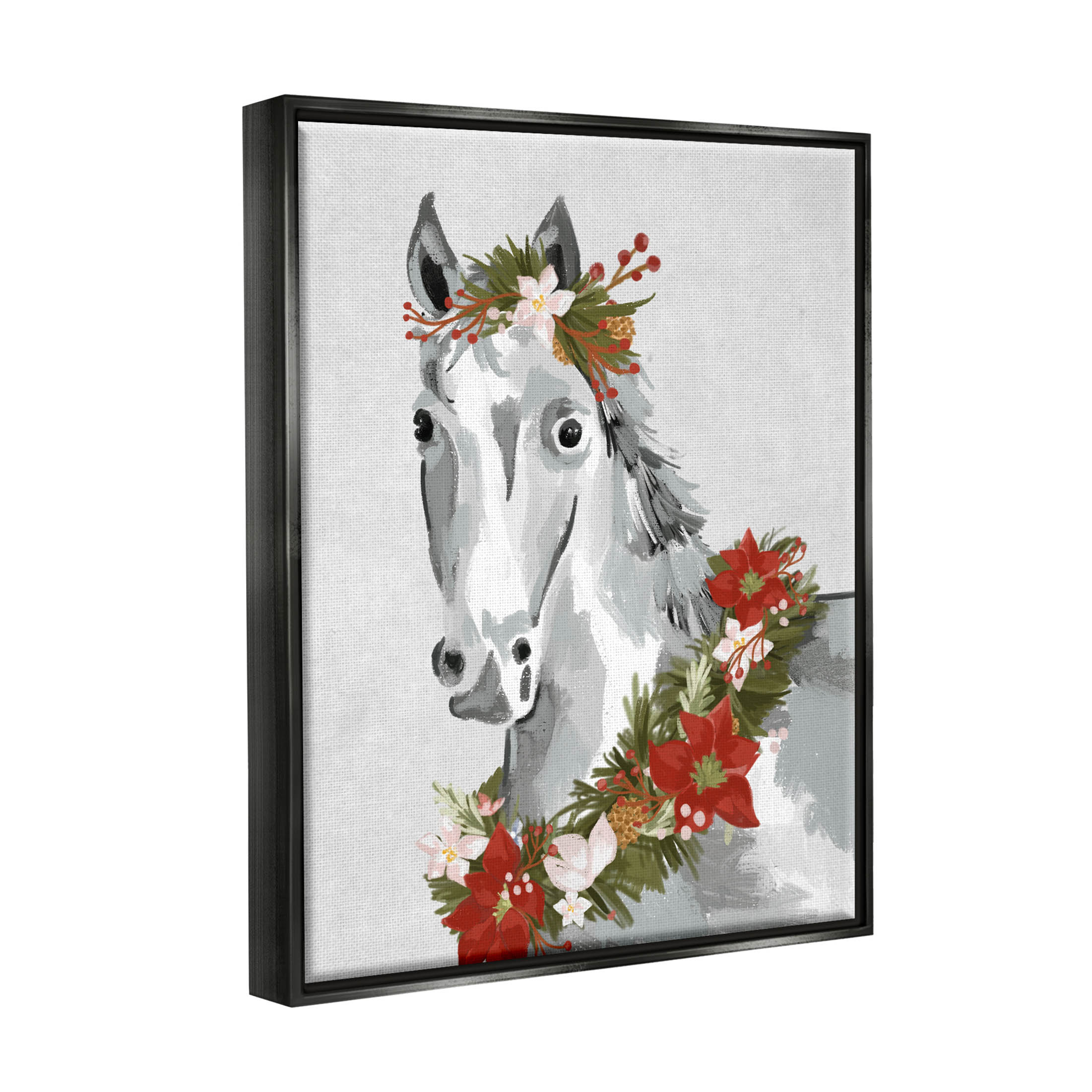 Stupell Industries Festive Holiday Horse Holly Wreath Graphic Art Jet Black Floating Framed Canvas Print Wall Art, Design by Laura Konyndyk