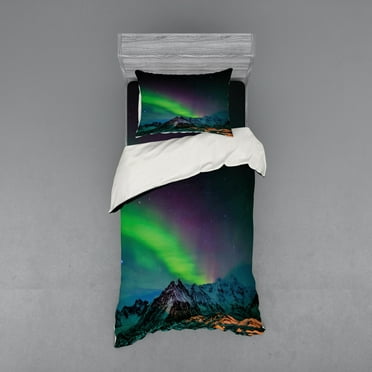 Ambesonne Nature Bedding Set 3 Pcs, Sky Rocky Hill Wild, Twin, Blue Violet Lime Green