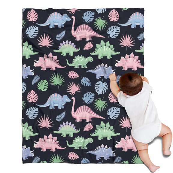 Black Cartoon Dinosaurs Leaves Pattern Blanket,Comfortable Soft Flannel Throw Blanket,All Season,Warm Lightweight Blankets for Sofa Bed Couch Living Room Chair,30"x40"