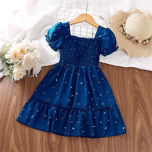 NordicNest Girls Summer Dress Dresses Sleeves Short Sleeved Pleated Polka Dot Princess Dress Beach Dress Relax Fit Outfits