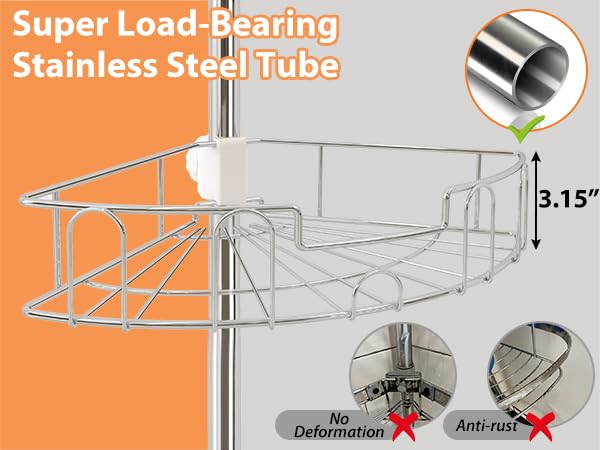 LAIDER HEROS Tension Shower Caddy, Stainless Steel Bath Caddy for Shower with 4 Adjustable Baskets, 39-125" Corner Shower Caddy with Tension Pole, Sliver