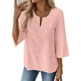 thumbnail image 2 of Womens 3/4 Sleeve Tops Cotton Linen Shirts V Neck Lace Casual Loose Fit Blouses Boho Fashion Fashion Daily Wear Shirt Available In Multiple Solid Colors, 2 of 4