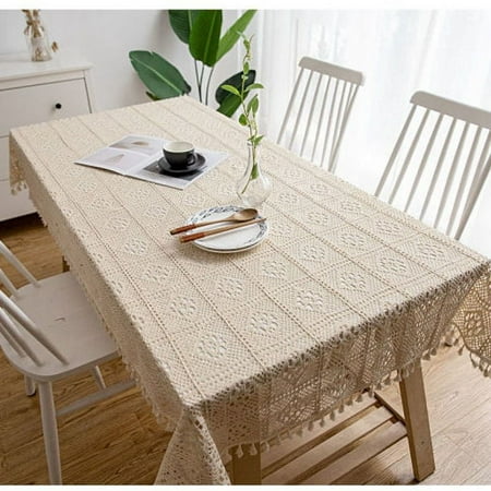 Namzi-b rural crochet tablecloth, table cloth, woven tablecloth, hollowed out tablecloth, piano towel, shooting prop, knitted tablecloth (white tassel, 200 * 140cm)