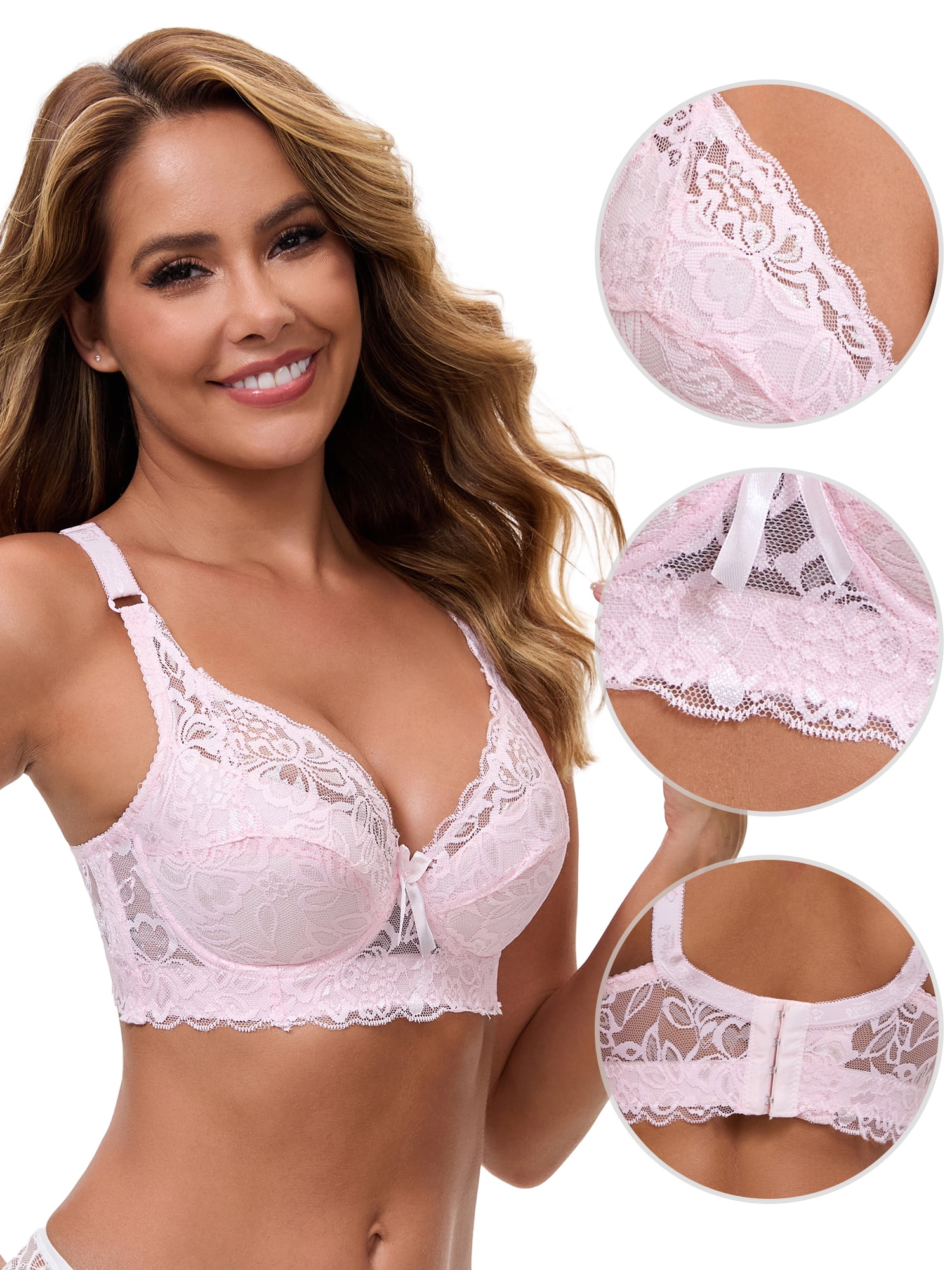 DARING DIVA Women's Lace Underwired Bras Adjustable Straps U Back Bralettes D 34 Pink