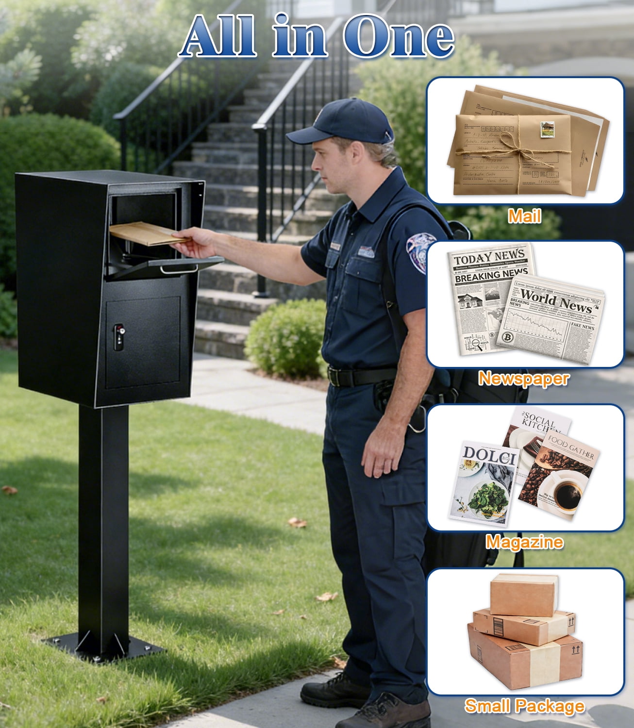 Esheno All in One Locking Mailbox Galvanized Steel with Combo Lock Key Weatherproof for Mail Packages Black