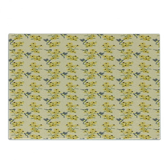 Yellow Bird Cutting Board, Continuous Pattern of Avian Animal and Rudbeckia Flowers Print, Decorative Tempered Glass Cutting and Serving Board, in 3 Sizes, by Ambesonne