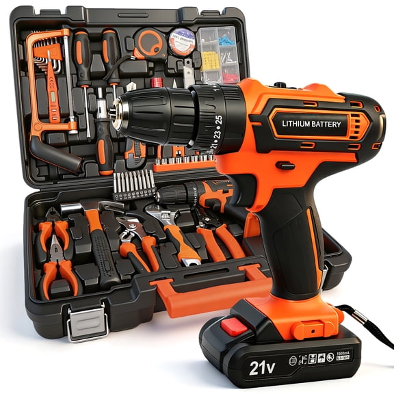 Power Tool Set with 20V Cordless Drill Driver, 123Pcs Household Tool Set, Power Drill Set with Plastic Toolbox, Ideal for Office, Garden, DIY Project