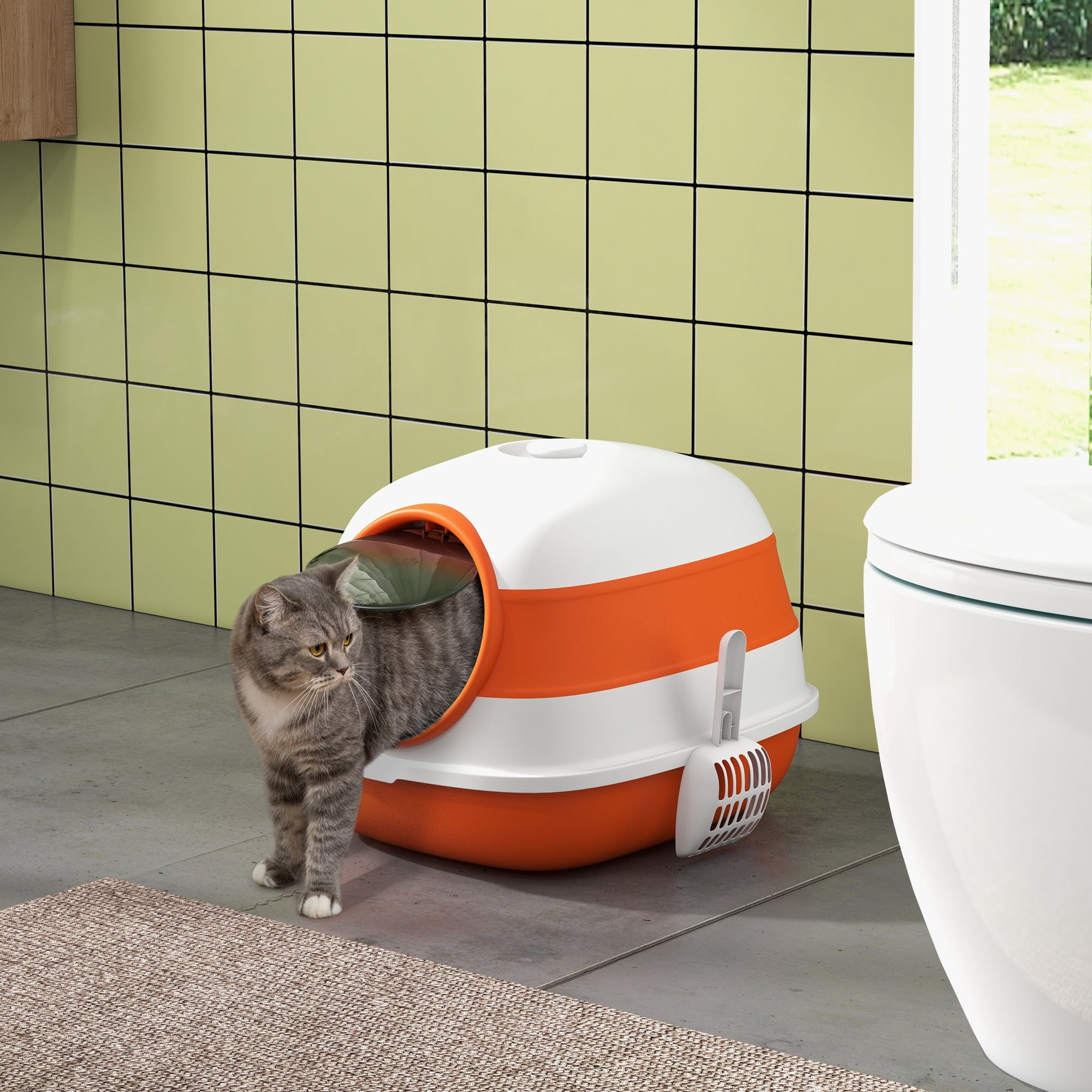 Foldable Covered Cat Litter Box with Lid, High Sides Enclosed Kitty Litter Box with Air Freshener, Large Two-Way Entrance Anti-Splash Easy Clean Design for Cats Up to 10lbs, Orange Black