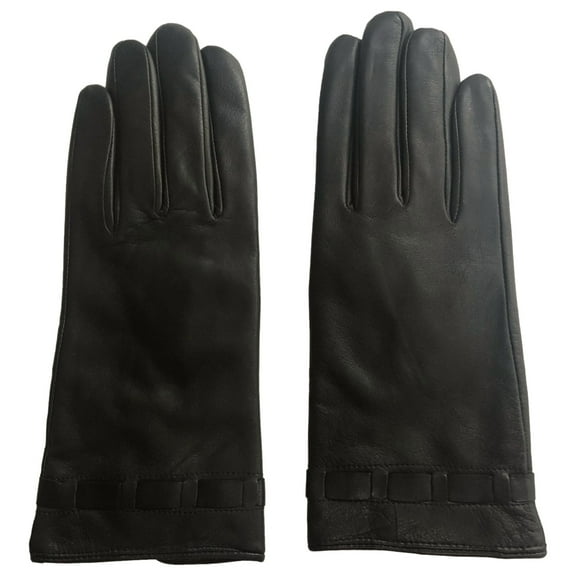 Womens Sleek Ribboned Black Leather Gloves Lightweight Insulation Medium
