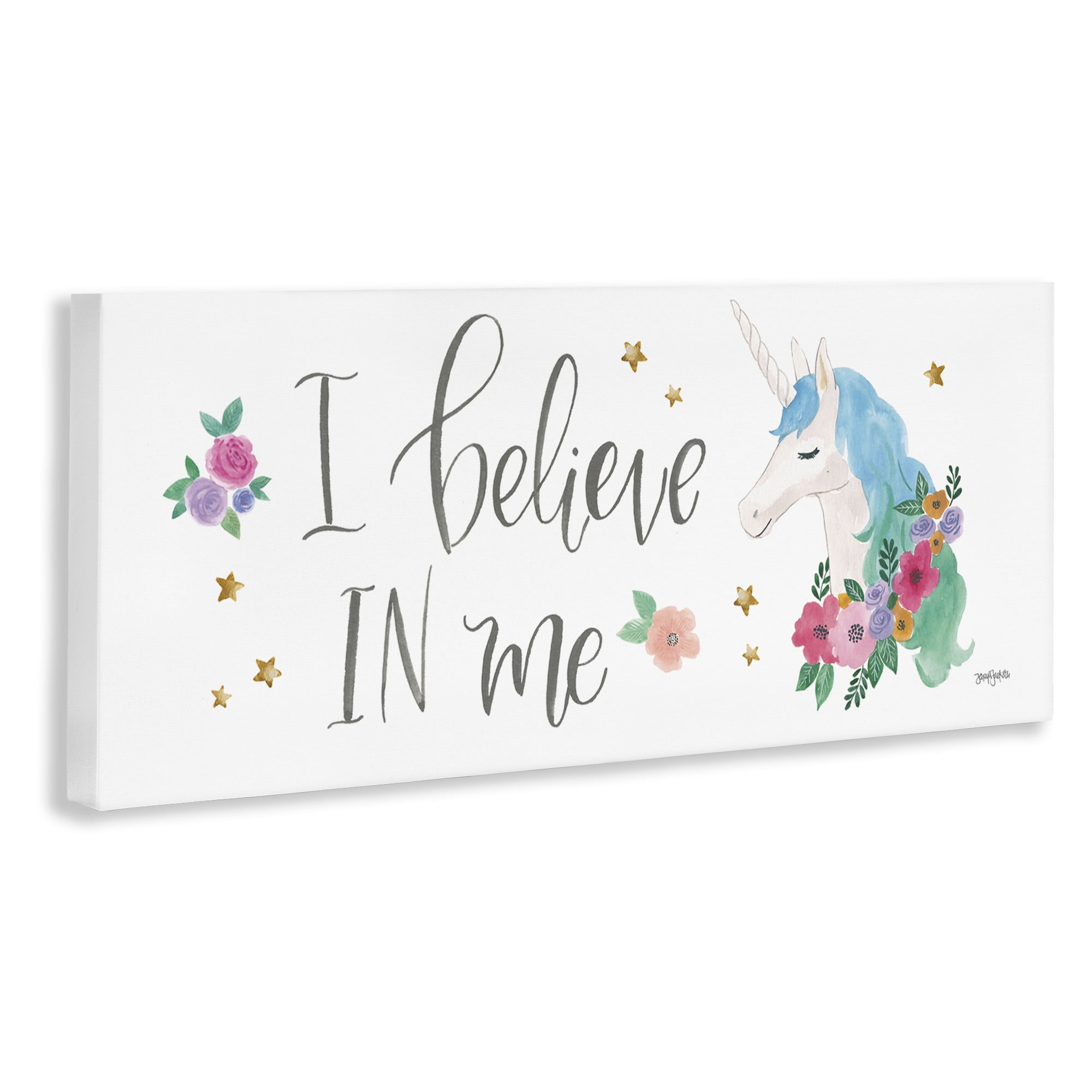 Stupell Industries Believe In Me Blue Unicorn Art for Kids Painting Gallery Wrapped Canvas Art Print Wall Art, 48 x 20