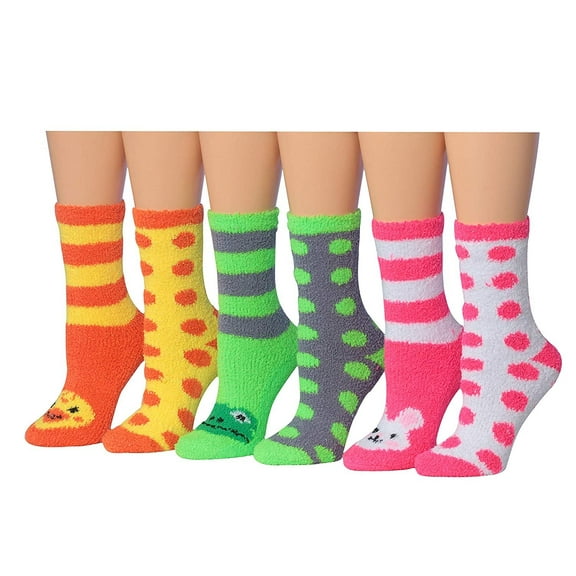 Tipi Toe Women's 6-Pairs Patterned & Solid Anti-Skid Soft Fuzzy Crew Socks FZ14