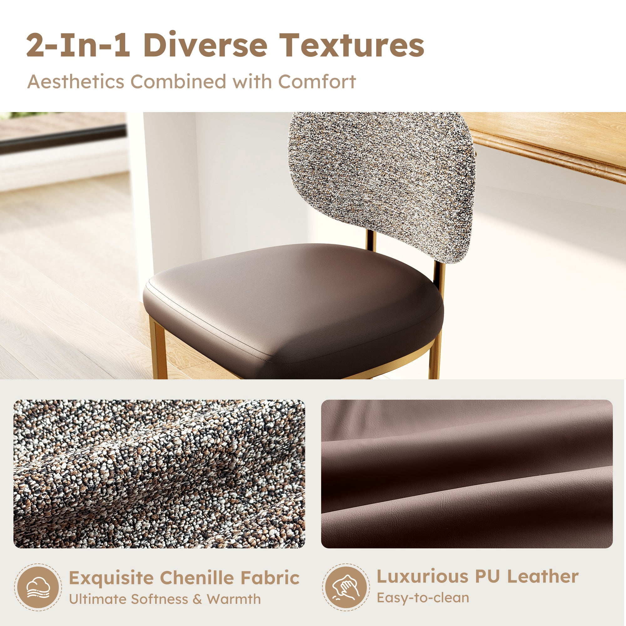 MF Studio Counter Height Bar Stool with Back Set of 2, 24.8" Modern PU Upholstered Bar Chair with Large Chenille Back and Metal Frame, Taupe