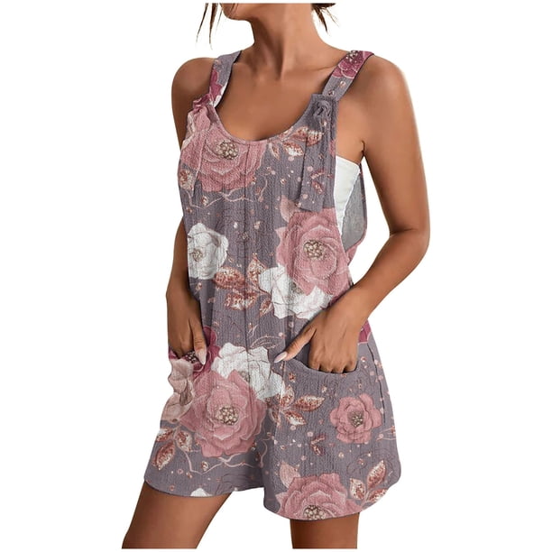 Pantalones Cortos de Mujer Casual Suspender Impresión Pantalones Cortos de Bolsillo, Pantalones Cortos de Mujer con Bolsillos