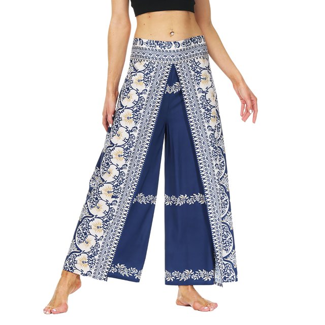 Gibobby Pantalones mujer Pantalones de pierna ancha con abertura para mujer, pantalones de yoga holgados de playa informales hippie(Azul marino, L)