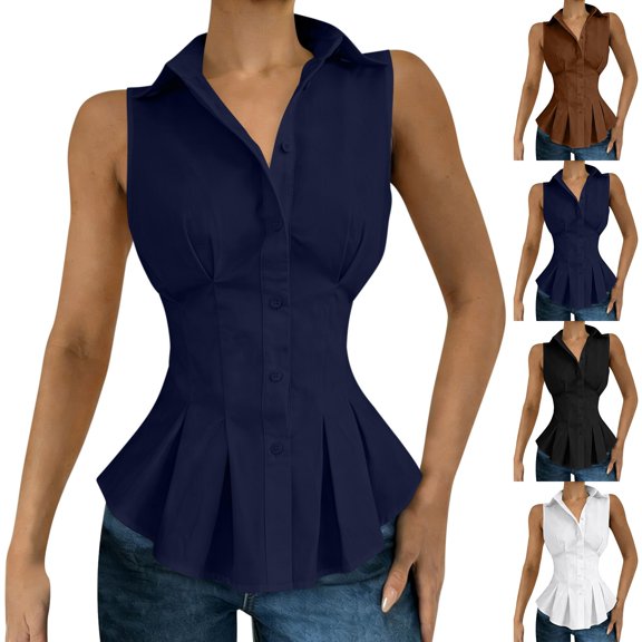 Women's Trendy Waistcoat Collared Sleeveless Button Down Peplum Shirt Ruched Waist Slim Fit Pleated Hem Vest Blouse Business Casual Outfit White