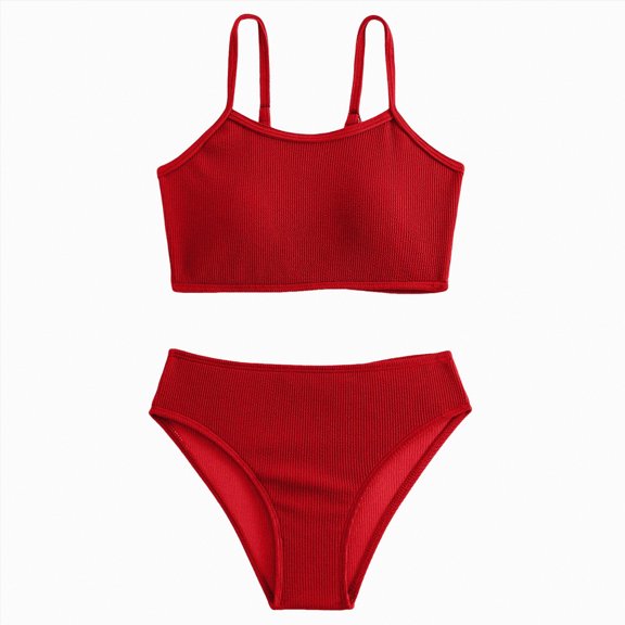 Godom Girls Swimsuit 2-Piece Ribbed Bikini Set Adjustable Strap Bathing Suits for Teens Swimwear Solid,Red