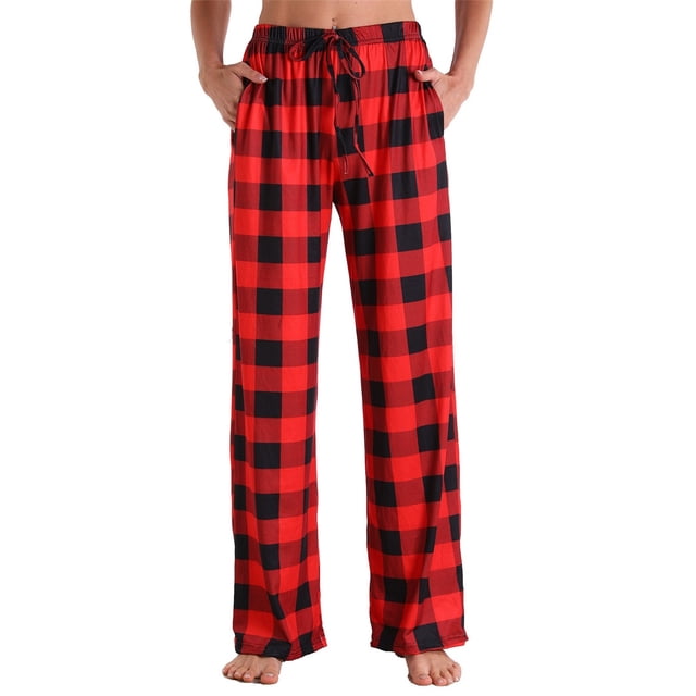Pantalon de Pyjama Femme Confortable Bas de Pyjama avec Poches Extensible à Carreaux Vêtements de Nuit Automne et Hiver Nouveau Pantalon Droit Décontracté à Poches Imprimé à Carreaux Rouge m