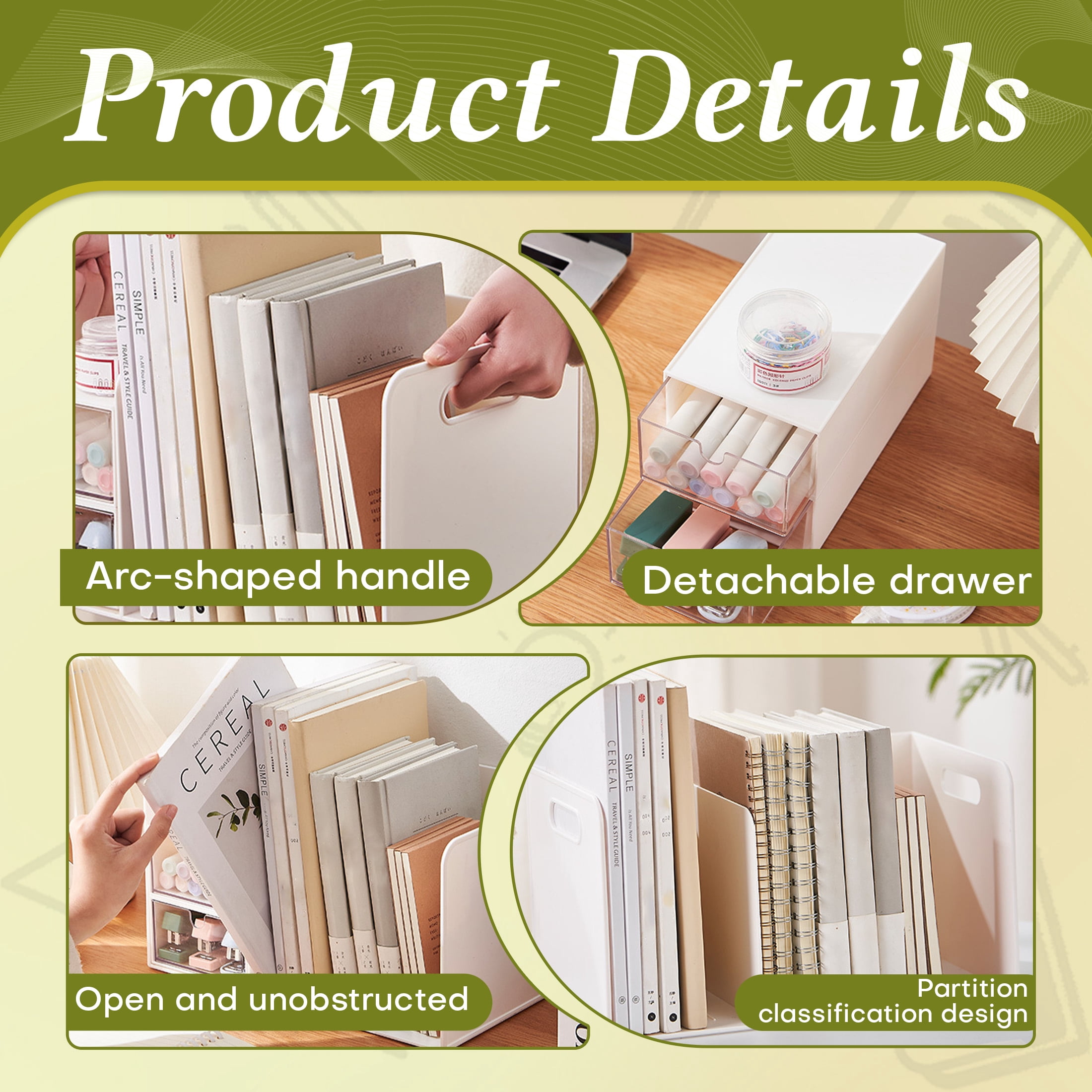 Desk Book File Organizer, Plastic Book Storage Rack, Expandable Desk Organizer with Drawer, Desktop File Organizer, Small Shelf Book Rack for Office Home