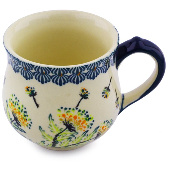 Polish Pottery Small Bubble Mug (Yellow Dandelions Theme) Hand Painted in Boleslawiec, Poland + Certificate of Authenticity