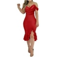 thumbnail image 2 of Karight Womens Bodycon Party Dress Off The Shoulder Pearls Strap Midi Dress Ruffle Hem Cocktail Dresses, 2 of 7