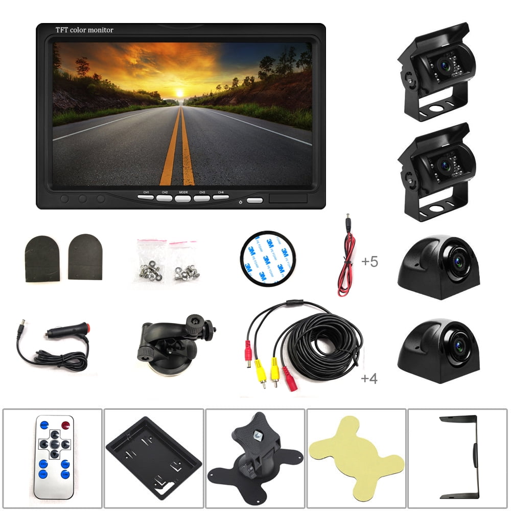 Camecho 12V24V Car Backup Camera Kit, 7 Inch HD Quad Split Monitor + 4