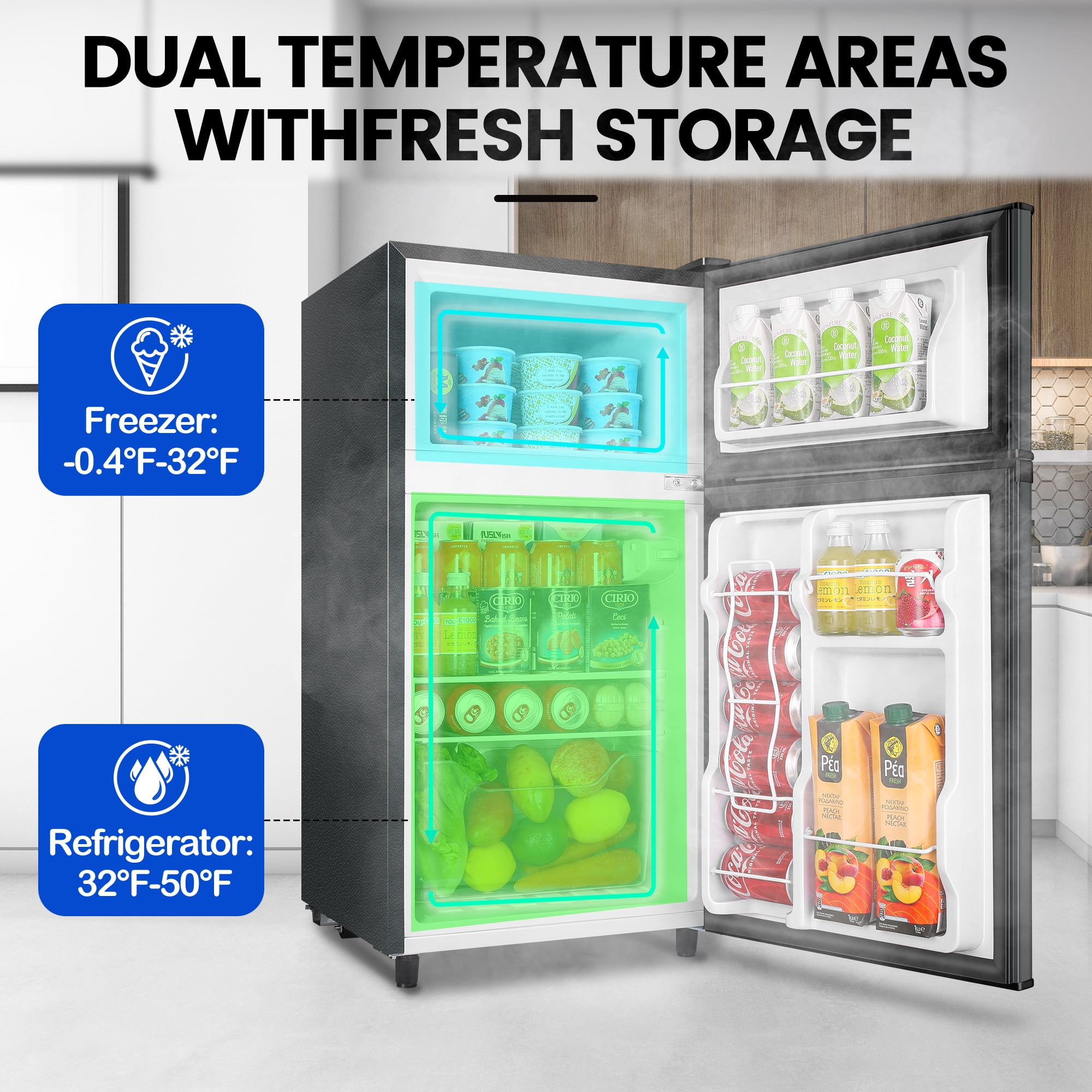 3.5Cu.ft Two Door Mini Fridge with Freezer,7 Adjustable Thermostat,17.64*17.6*33.98 inches,Apartment Size Refrigerator,Dark Grey,New