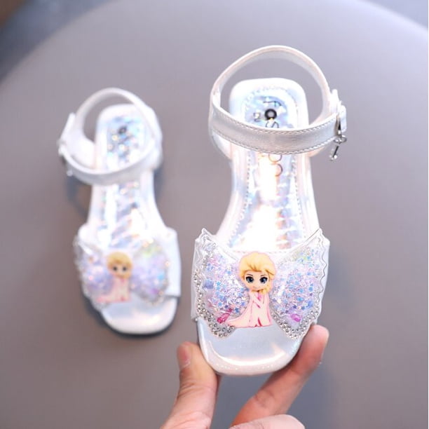 Zapatos de marca Disney, sandalias de princesa Elsa de Frozen de dibujos animados para niñas, zapatos planos de verano para niñas, sandalias de playa, zapatos Elsa, plantilla de 32 CM Gao Jinjia LED