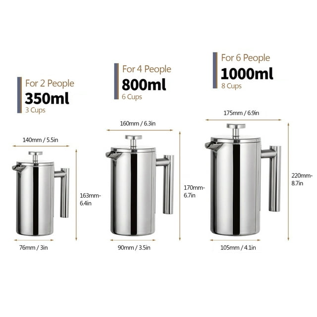 Cafetière à Piston 350ml/800ml/1000ml en Acier Inoxydable à Double Paroi Isolée