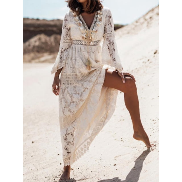 Summer Boho Long Dresses Women Lace V-neck Spaghetti Strap Dress Ladies Off Shoulder Beach Sundress White Dress Vestidos De Mujer