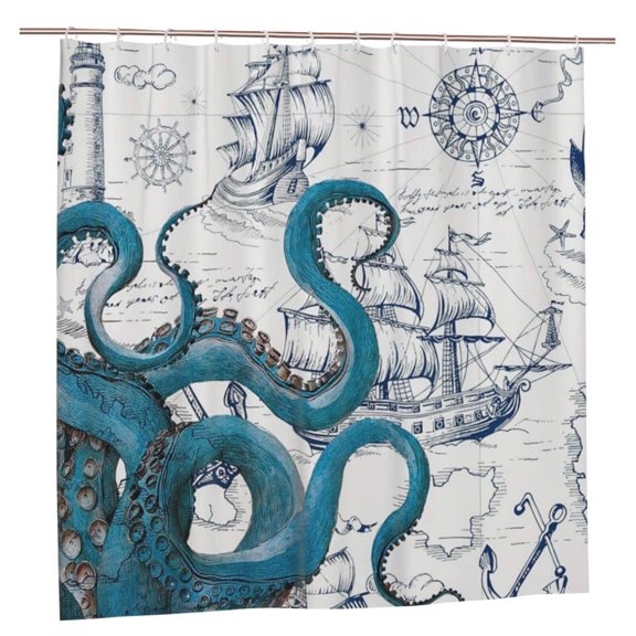 JOOCAR Cool Octopus Shower Curtain Anime Nautical Shower Curtain Teal Kraken Shower Curtain Sailboat Pirate Shower Curtain 72X72in