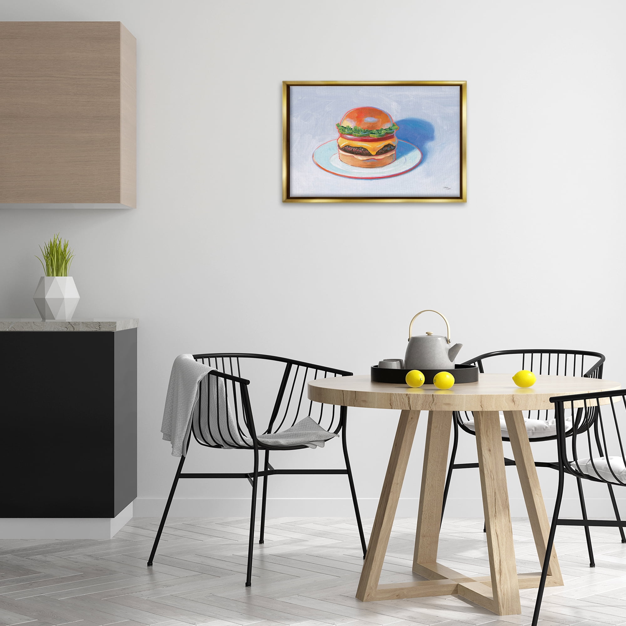 Stupell Industries Burger on Plate Food & Beverage Painting Gold Floater Framed Canvas Art Print Wall Art, 25 x 17