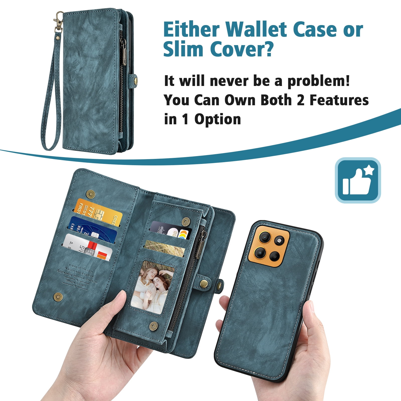 Asuwish Phone Case for Motorola Moto G15 4G Lte Zipper Wallet Detachable Cell Cover with Tempered Glass Screen Protector Crossbody Lanyard Strap Flip Card Holder Slot MotoG15 G 15 XT2521-2 Women Blue